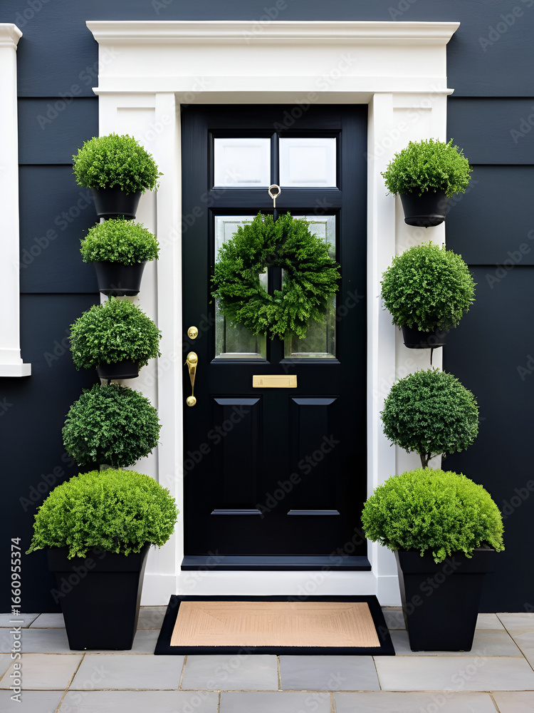 Fototapeta premium A black front door with greenery in pots, perfect for exterior or interior use