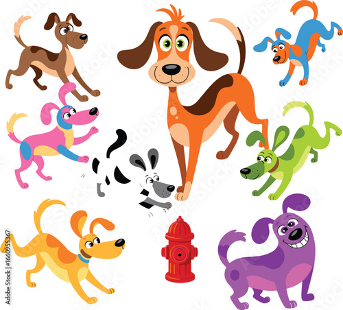 Colorful cartoon dogs pack, playful puppy illustration, fire hydrant clipart, happy dog characters, pet mascot vector, vibrant animal design, kids dog art
