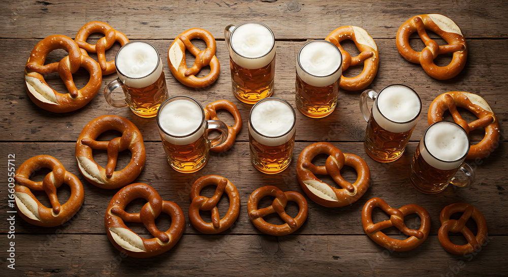 Fototapeta premium Oktoberfest Delights Pretzels and Beer on Rustic Wood