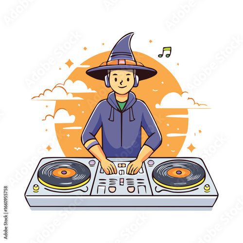 A cartoon illustration of a DJ wearing a witch hat, mixing music on a turntable.