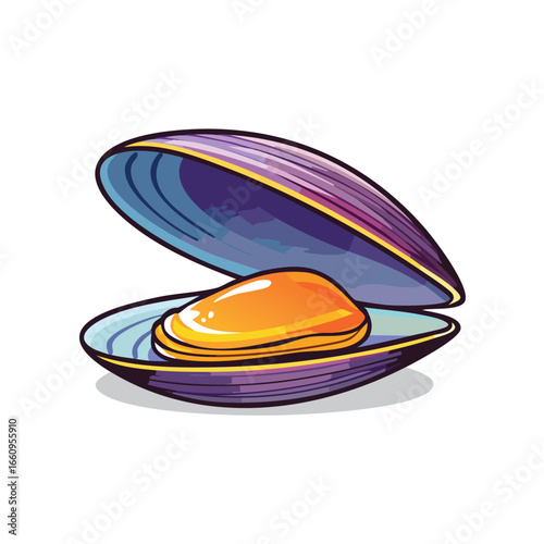 Detailed illustration of an open mussel shell, showcasing the edible orange flesh inside, isolated on white.