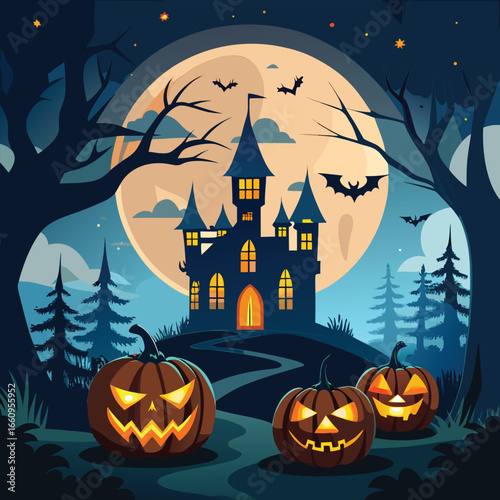 Spooky atmospheric halloween scene with a dark eerie forest and moonlit sky