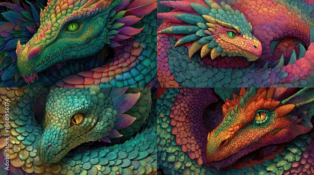 Fototapeta premium Four close-up views of colorful, stylized dragon heads