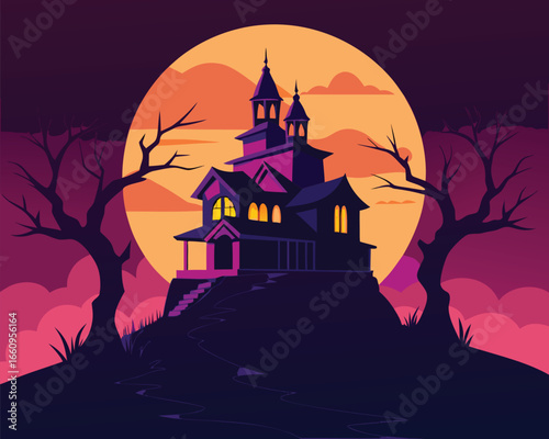 Spooky dilapidated victorian mansion perched atop a hill under a dark eerie sky