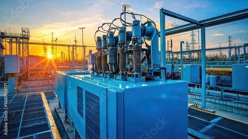 A large, blue electrical transformer sits prominently in the foreground of an industrial power station complex. The transformer is surrounded by a metal framework and various cables and equipment