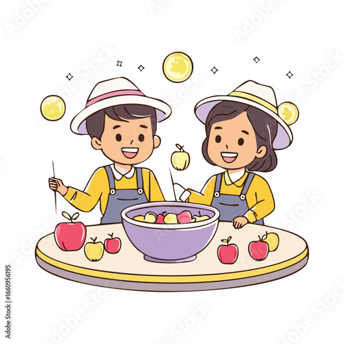 Two smiling children wearing hats and aprons preparing a fruit salad with apples in a bowl on a table.