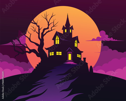 Spooky dilapidated victorian mansion illustration with a dark eerie atmosphere and gothic architectural details