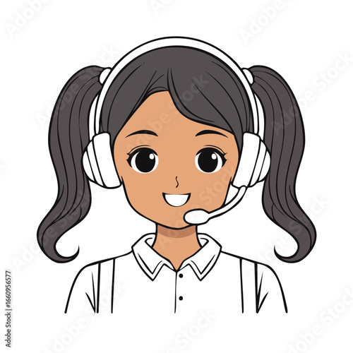 Cartoon illustration of a young woman with dark hair wearing a headset and smiling.