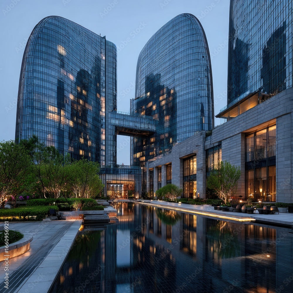 Naklejka premium Modern, curved glass skyscrapers flanking a tranquil courtyard reflecting pool