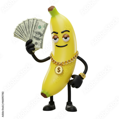 Cartoon banana character with arms and legs wearing gold chain, holding a fan of cash, and a smug expression.