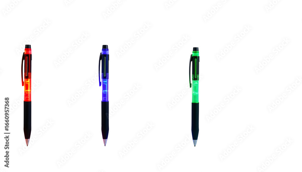 Fototapeta premium Three colored pens isolated on transparent background.