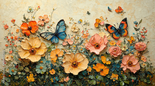 A vibrant floral tapestry unfolds, featuring a whimsical array of spring flowers, butterflies fluttering like delicate dancers, and soft, pastel rainbows arcing across a pristine white backdrop. 