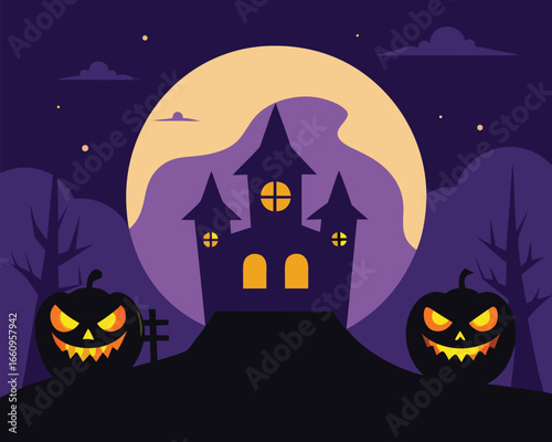 Spooky halloween night scene with a haunted house full moon and eerie atmosphere