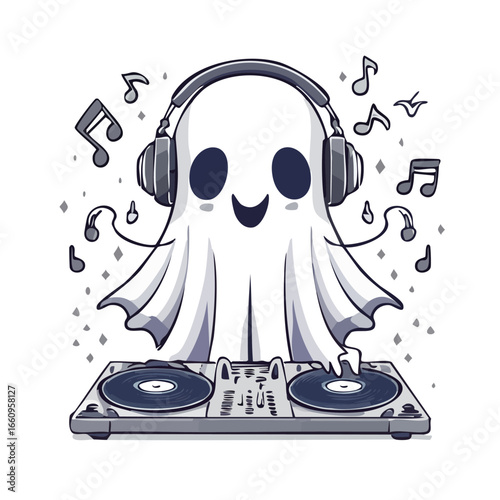 A cute cartoon ghost DJ wearing headphones and mixing music on a turntable.