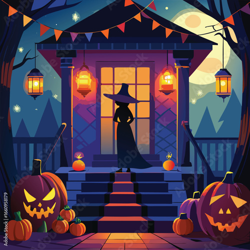 Spooky halloween scene at dusk featuring a silhouette of a witch against a dark atmospheric sky