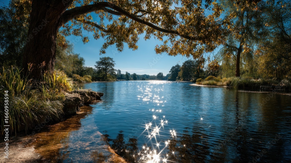 Naklejka premium Scenic lake view with sunlight reflecting on the water surface amidst trees