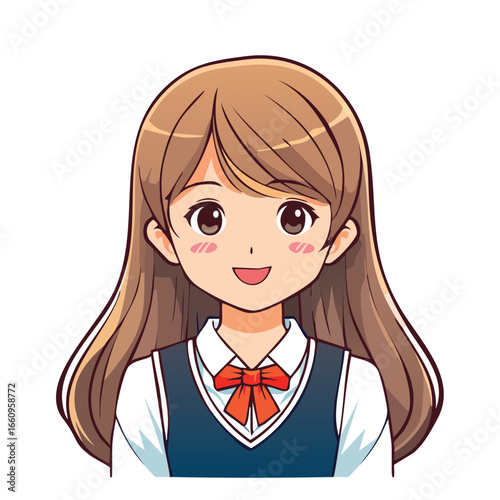 Anime-style illustration of a smiling schoolgirl in a uniform, with long brown hair.