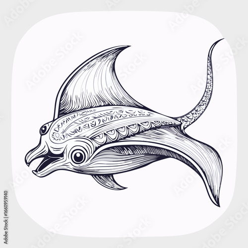 Detailed monochrome pen and ink drawing of a fantastical marine creature with elaborate details.