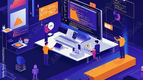 Futuristic workspace with programmers analyzing data and coding amidst digital displays and graphics