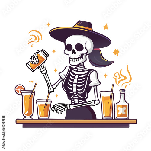 A spooky skeleton bartender wearing a hat is mixing cocktails behind a bar.