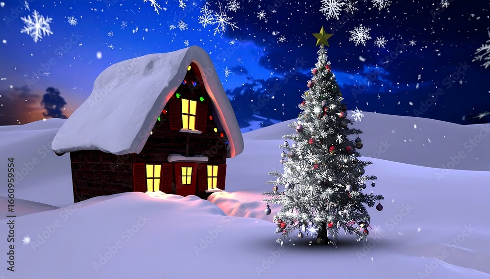 Naklejka premium Snowy Christmas scene with cozy house and tree