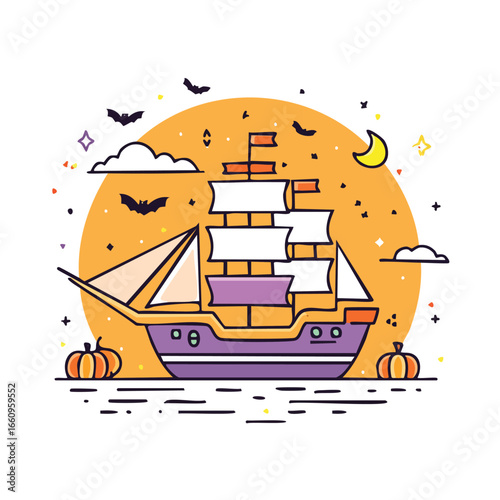 A detailed illustration of a spooky Halloween ship sailing on the ocean under a full moon.