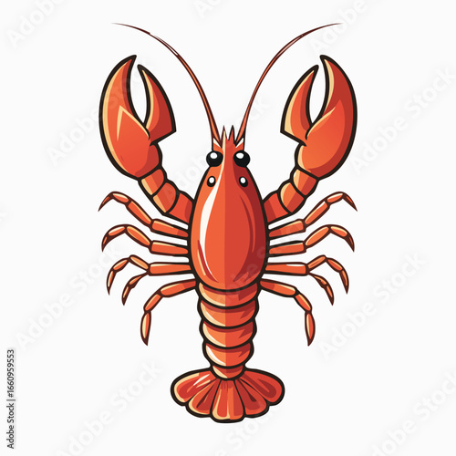 A detailed illustration of a vibrant red lobster with prominent claws and segmented body, facing forward.