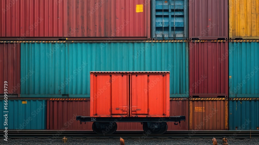 Fototapeta premium Colorful cargo containers stacked in a freight yard with one red container on a flatbed train car close-up shot emphasizing industrial transportation and shipping infrastructure