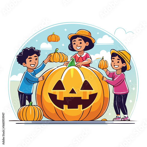 Three children happily carving a giant pumpkin together, celebrating Halloween with joy and smiles.