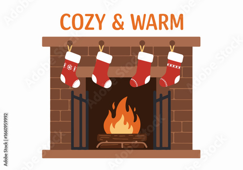 Cozy fireplace with stockings and warm fire