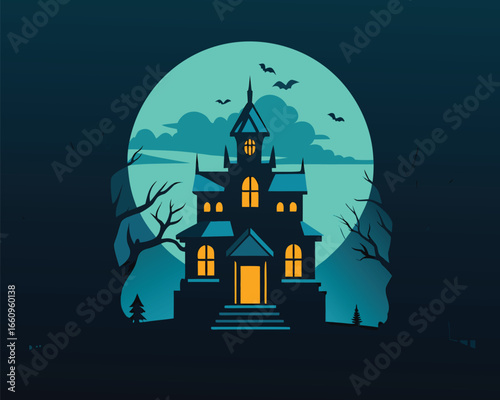 A spooky haunted victorian mansion stands in silhouette against a dark mysterious night sky