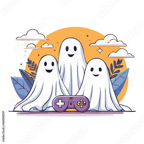 Three friendly ghosts happily playing video games with a purple controller in a whimsical cartoon illustration.