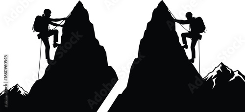 Silhouette mountain climbers scaling peaks with rope, backpack, gear, adventure sport, extreme hiking, alpine ascent, outdoor challenge, vector illustration template