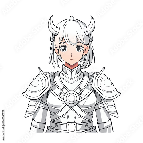 Anime-style illustration of a female warrior in detailed armor with horns, ready for battle.