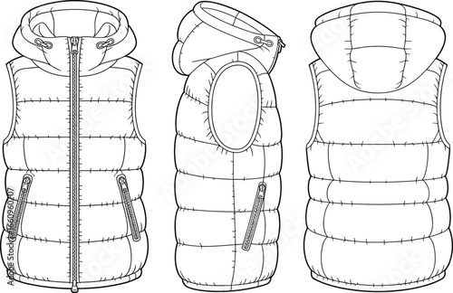 Cad drawing flat vector illustration, hooded puffer vest technical sketch, front side back view, fashion template, garment design, zipper detail