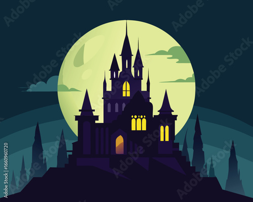 A sprawling dark and mysterious gothic mansion silhouetted against a dramatic moody sky at night