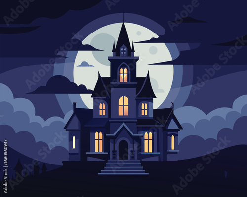 Intricate gothic victorian mansion illustration with towering architecture and atmospheric shrouding