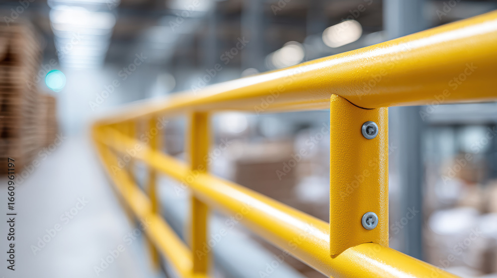 Yellow safety rail sturdy handrail industrial interior metal barrier secure walkway protective railing warehouse safety modern facility blurred background focus on detail Yellow safety rail sturdy handrail industrial interior metal barrier secure walkway protective railing warehouse safety modern facility blurred background focus on detail