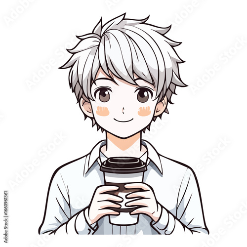 Anime-style illustration of a young man with white hair, holding a coffee cup, smiling gently.