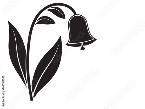 Elegant black silhouette of a lily of the valley flower with drooping bell shaped bloom and lush green leaves