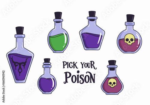 Poison bottles with skull and spider motifs with transparent background