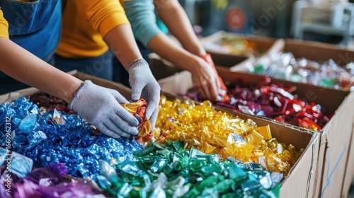 Two workers are carefully sorting and packing colorful, iridescent glass shards into cardboard boxes in a factory setting. They are wearing protective gloves and yellow and blue work shirts. 