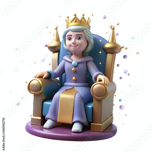 Young queen sitting on a golden throne wearing a crown