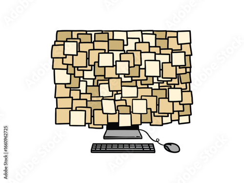 Illustration of a computer filled with papers stacked on the screen, depicting busy work, isolated from a white background