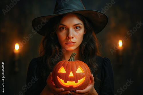 Close-up cinematic portrait of a woman in a witch costume holding a glowing pumpkin lantern. Dark moody background with candlelight reflections creates a mystical Halloween mood.