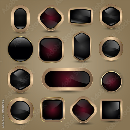 A Collection of radiant metallic gold frame buttons design, groups of different shapes style icons, buttons web and looked-real metallic premium and modern appeal buttons