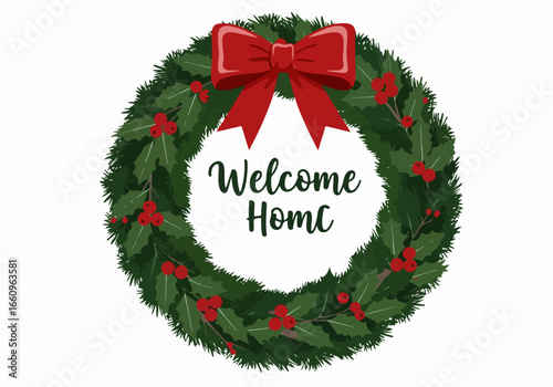 Welcome home wreath with red bow and transparent background