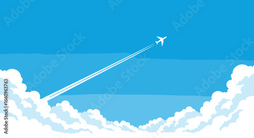 A majestic airplane soars through a clear blue sky leaving a white condensation trail above wispy white clouds creating a beautiful scenic view of aviation and travel