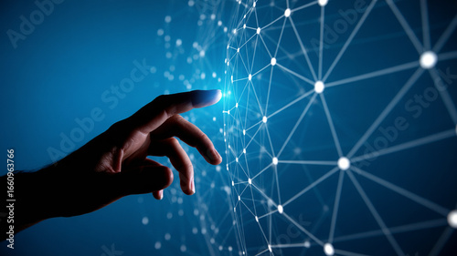 Touching the future, a hand connects to a glowing digital network, symbolizing innovation and global reach.