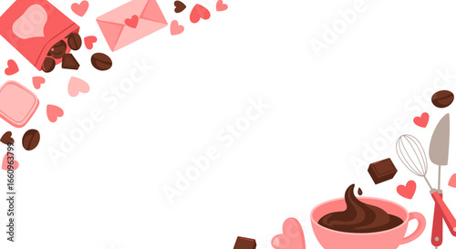 Delicious chocolate coffee treats and romantic valentine's day decorations for sweet celebrations